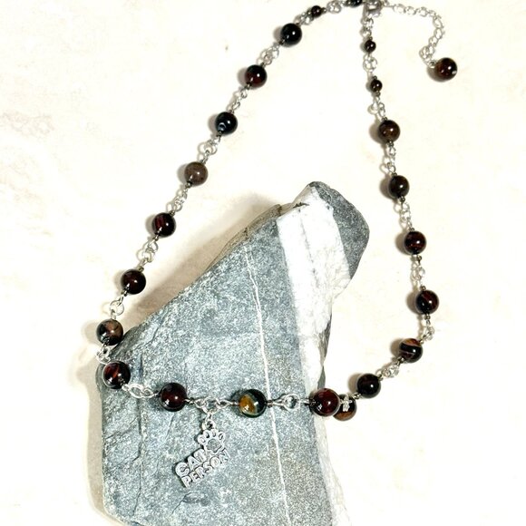 Genuine Dark Brown Agate Necklace, Natural Gemstone & Cat Person Paw Print Charm - Picture 5 of 14